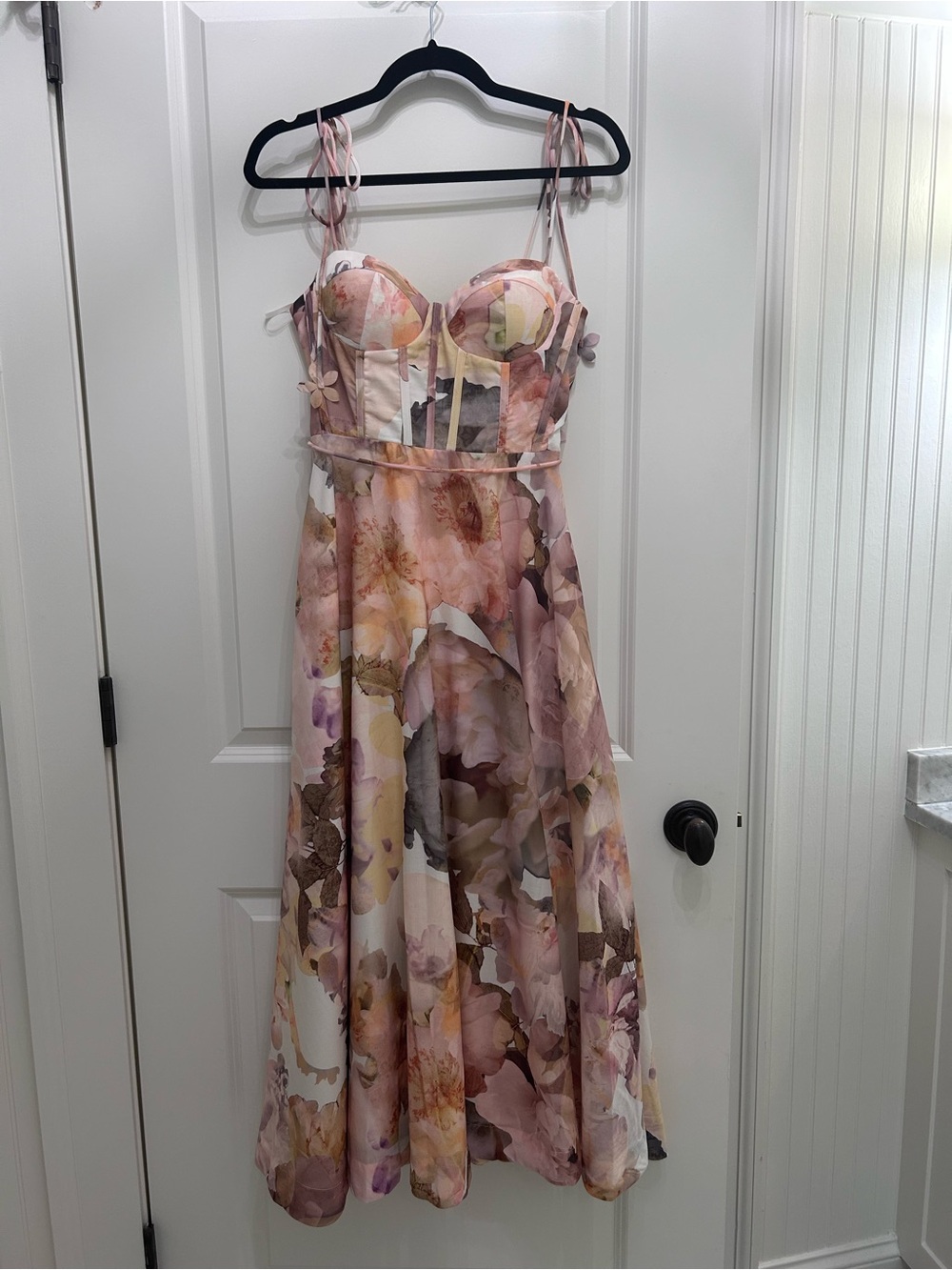 Blush Floral Midi Dress with Tie Straps